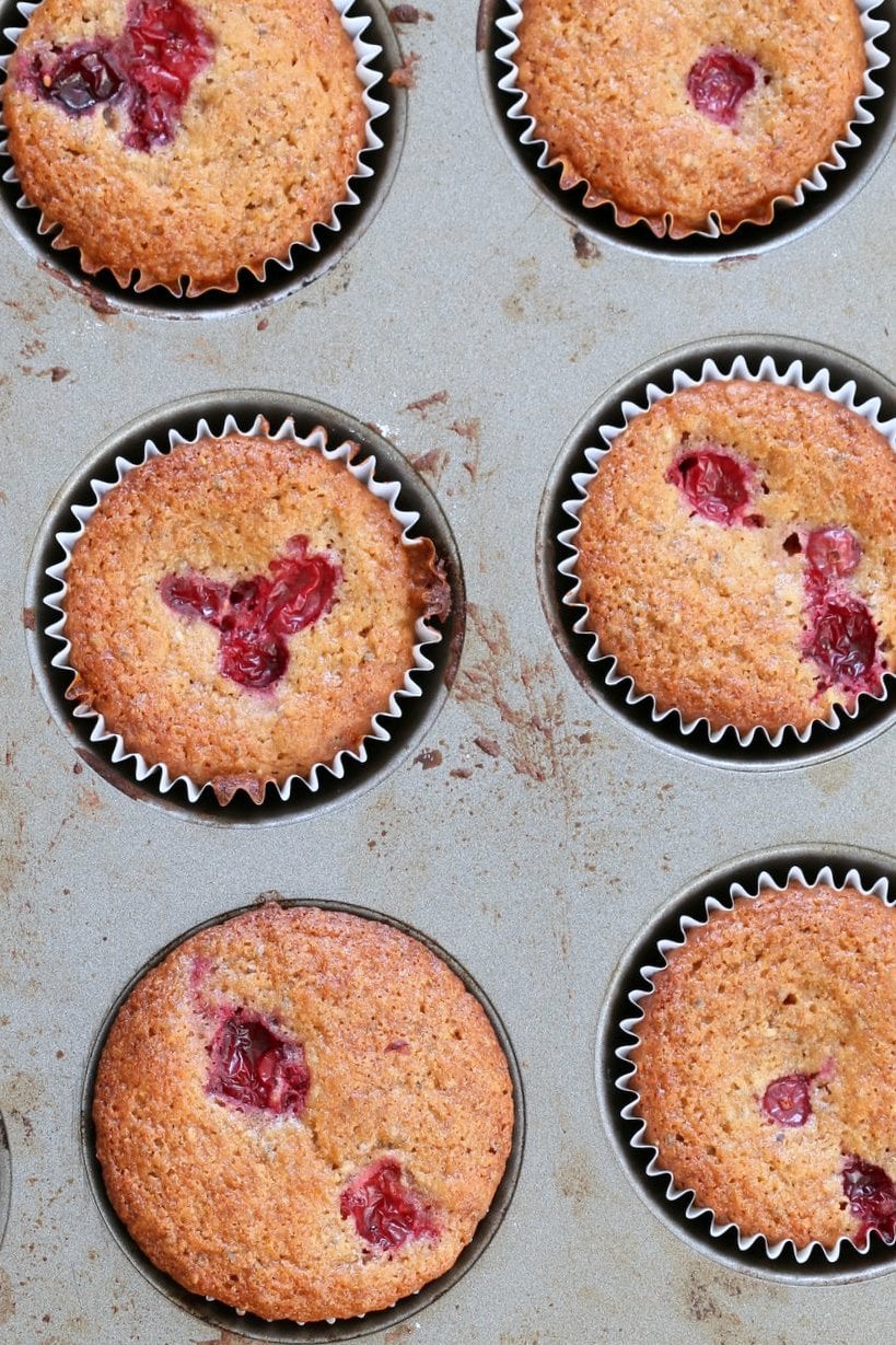 Easy Orange Chia Cranberry Muffins. These breakfast Muffins are simple and full of flavor. Blend up the wet and dry in a blender, pour and bake. Vegan Nut-free Soy-free Recipe. Makes 11 to 12 muffins | VeganRicha.com