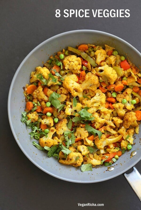8 Spice Veggie Stir fry - Vegetable Masala Subzi. Use up the veggies to make this dry Veggie Stir fry with Indian Spices. Serve with Dal or Curries. Vegan Gluten-free Soy-free Nut-free Recipe | VeganRicha.com