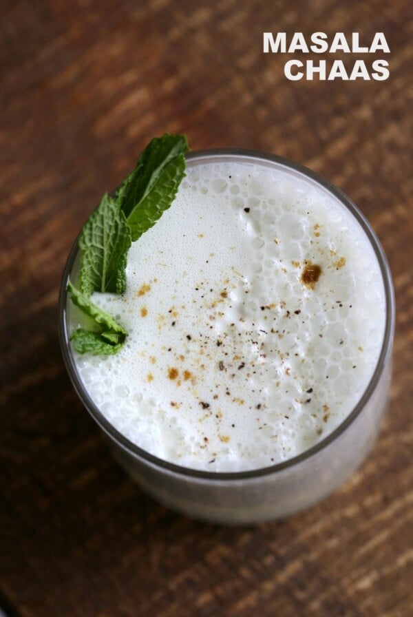 Indian Spiced Buttermilk Drink Chaas Recipe. Masala chaas. Savory Yogurt Drink with Mint, cumin and ice cubes. Indian Summer Beverage. Vegan Gluten-free Recipe | VeganRicha.com