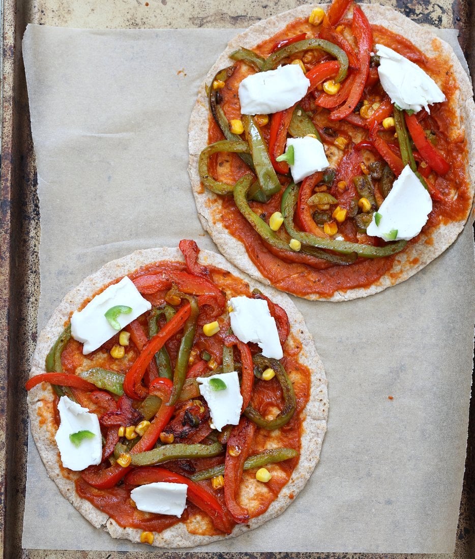 Easy Baked or Grilled Vegetable Fajitas Tortilla Pizza. Toss the peppers, corn and veggies in smoky Fajita Seasoning, then grill with vegan cheese. Top with salsa or other toppings. Vegan Soyfree Recipe. Easily Glutenfree | VeganRicha.com