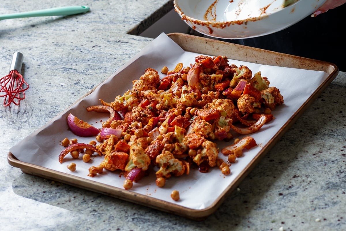 sheet pan cauliflower and sweet potato before baking