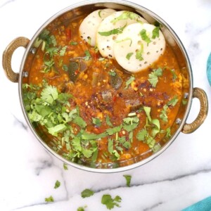 Eggplant Sambar Recipe - Indian Yellow Lentil Tamarind Dal. Toor Dal Sambar with Eggplant or other seasonal veggies. Instant Pot or Saucepan Vegan Gluten-free Soy-free Nut-free Recipe | VeganRicha.com
