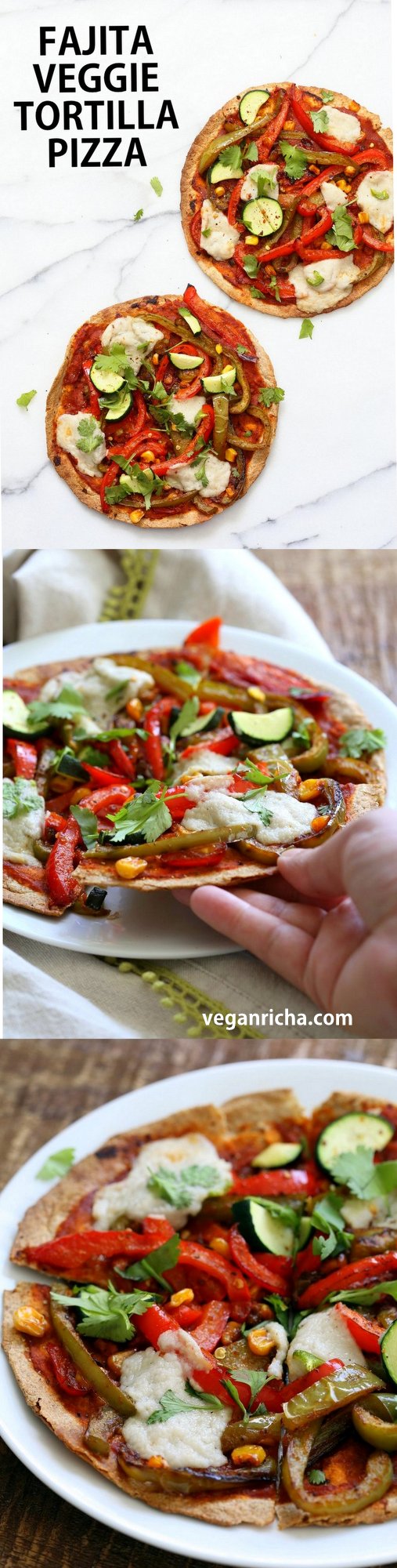 Baked or Grilled Vegetable Fajitas Tortilla Pizza. 30 MINS. Toss the peppers, corn and veggies in smoky Fajita Seasoning, then grill with vegan cheese. Top with salsa or other toppings. Vegan Soyfree Recipe. Easily Glutenfree | VeganRicha.com