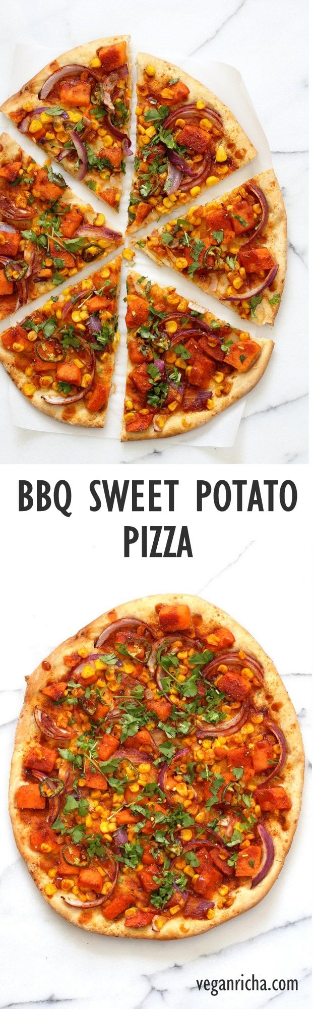 BBQ Sweet Potato Pizza. Easy Summer Pizza with Sweet Potato, Corn, Jalapeno tossed in homemade BBQ Seasoning and dressed in Barbecue sauce. Grill or bake or make into a quesadilla. Vegan Nut-free Barbecue Pizza Recipe. Soy-free Gluten-free option | VeganRicha.com