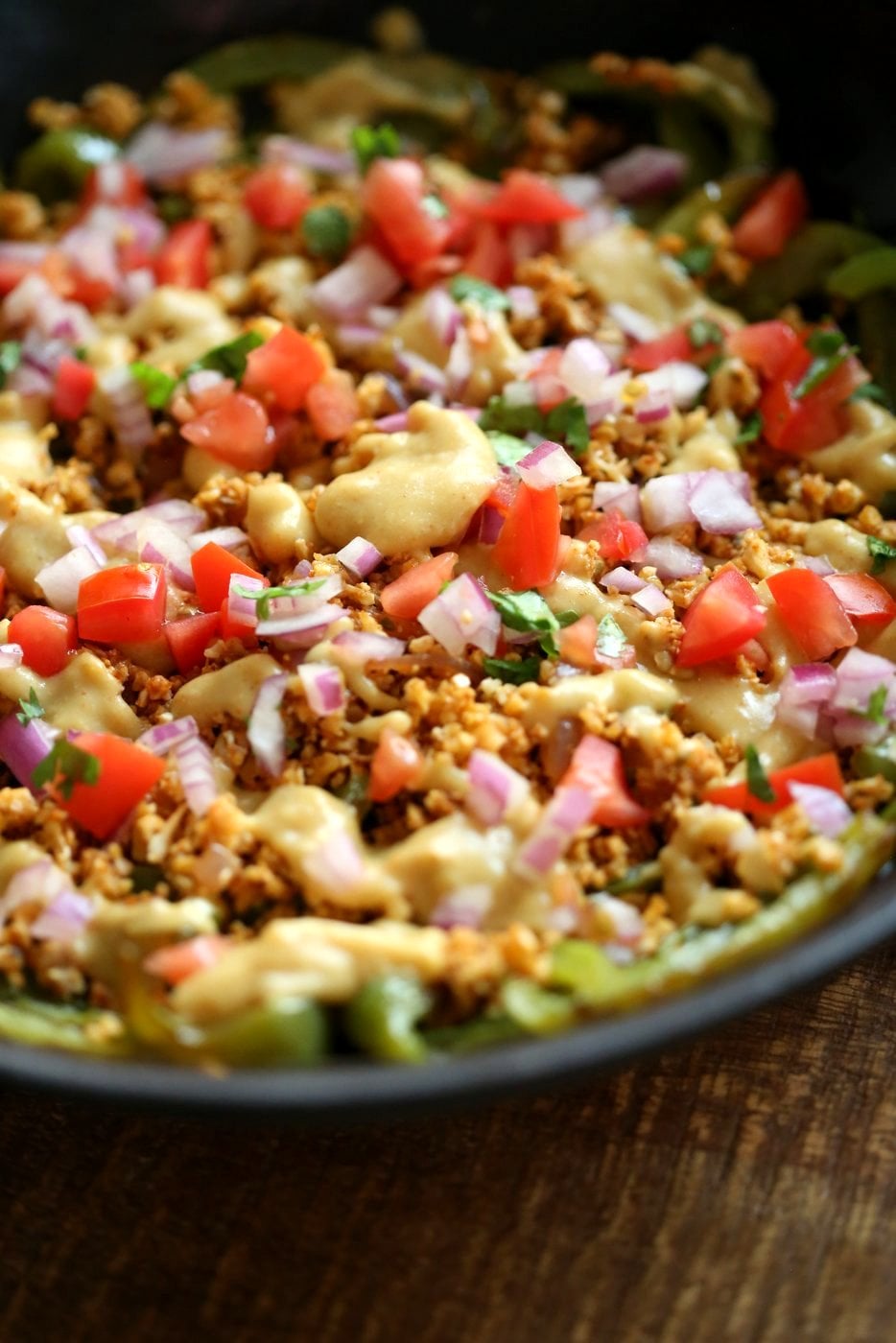 Vegan Bell Pepper Nachos with Cauliflower Taco Meat & 10 minute Vegan Nacho Cheese Sauce. Veggie full Nachos! Vegan Gluten-free Soy-free Nut-free Recipe | VeganRicha.com