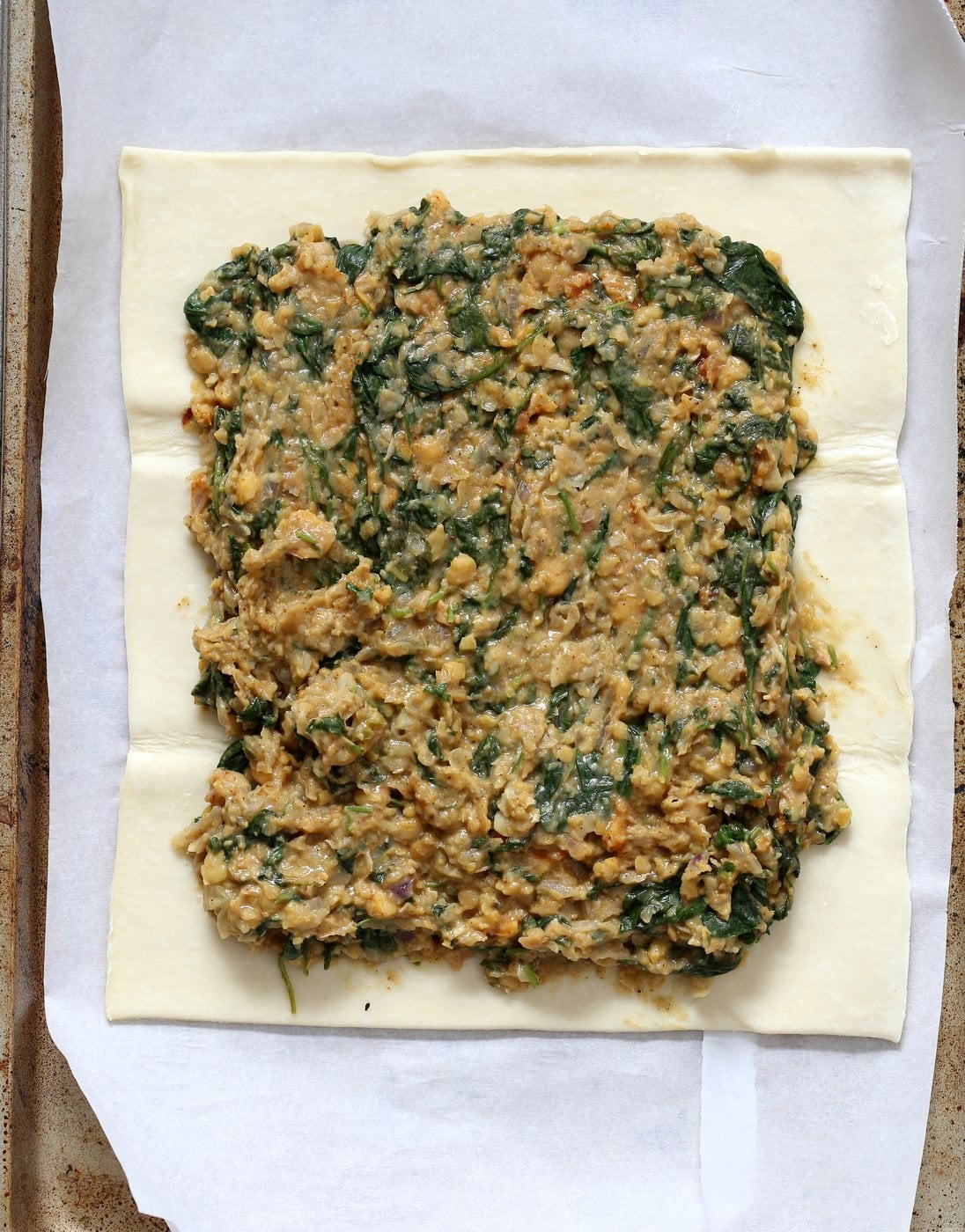 Chickpea Spinach Pie with Berbere Spice. Easy Chickpea Spinach Pastry for holidays and company with vegan puff pastry. Use spices or blends of choice. Use lentils for variation. Vegan Soy-free Nut-free Recipe. | VeganRicha.com