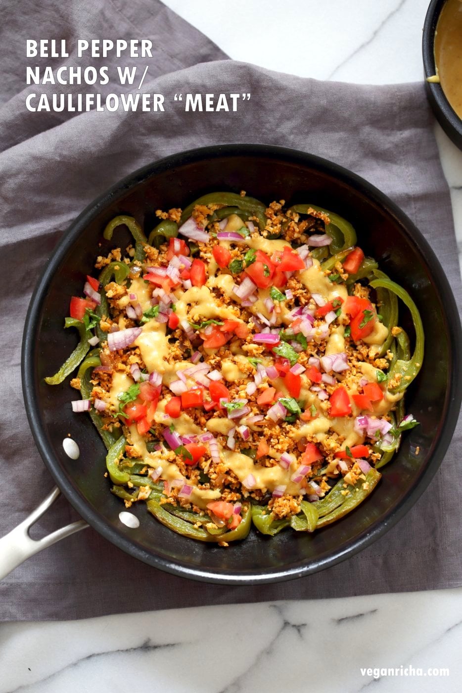 Vegan Bell Pepper Nachos with Cauliflower Taco Meat & 10 minute Vegan Nacho Cheese Sauce. Veggie full Nachos! Vegan Gluten-free Soy-free Nut-free Recipe | VeganRicha.com