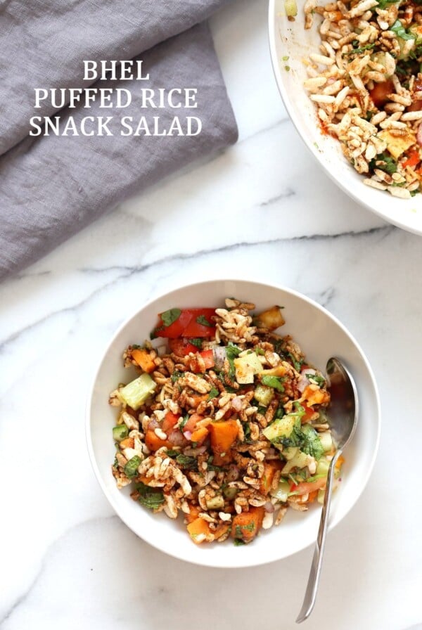 Sweet Potato Bhel Recipe - Indian Street Food style Snack Salad with Mint and Tamarind Chutney. Puffed Rice tossed with cooked sweet potato, nuts, onion, cucumber and tomato and dressed in chopped mint and 5 minute Tamarind Chutney. Vegan Bhel Puri Recipe. Can be glutenfree and nutfree. | VeganRicha.com