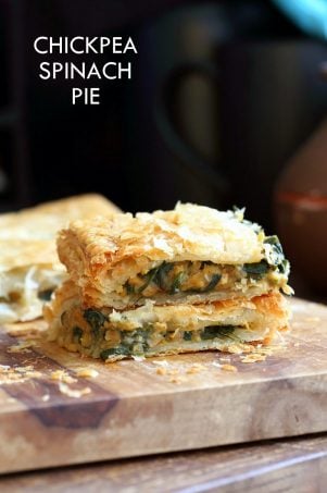Chickpea Spinach Pie with Berbere Spice. Easy Chickpea Spinach Pastry for holidays and company with vegan puff pastry. Use spices or blends of choice. Use lentils for variation. Vegan Soy-free Nut-free Recipe.ย | VeganRicha.com