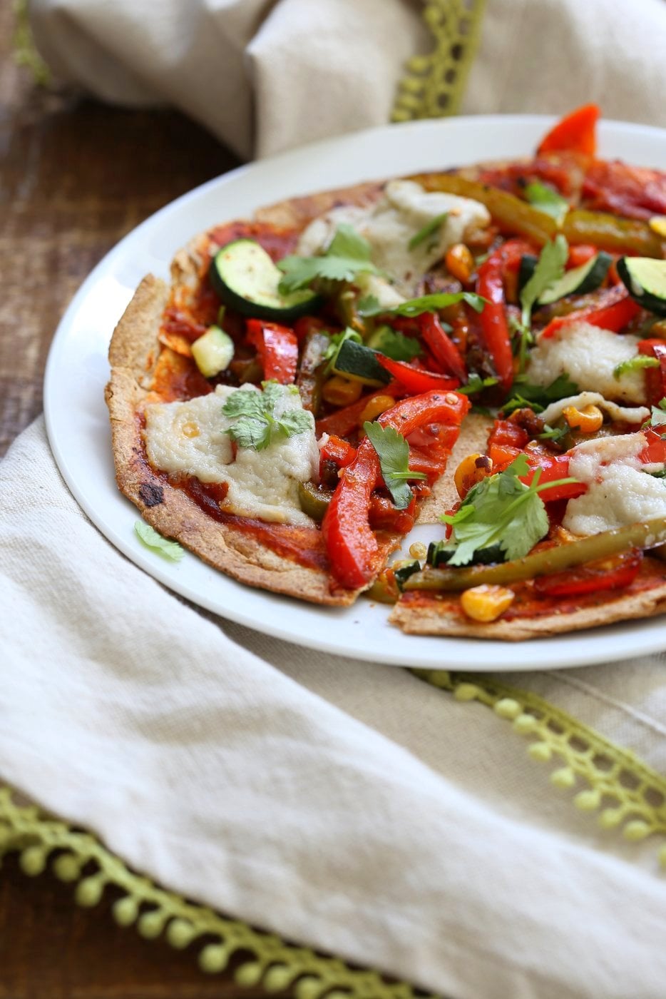 Easy Baked or Grilled Vegetable Fajitas Tortilla Pizza. Toss the peppers, corn and veggies in smoky Fajita Seasoning, then grill with vegan cheese. Top with salsa or other toppings. Vegan Soyfree Recipe. Easily Glutenfree | VeganRicha.com