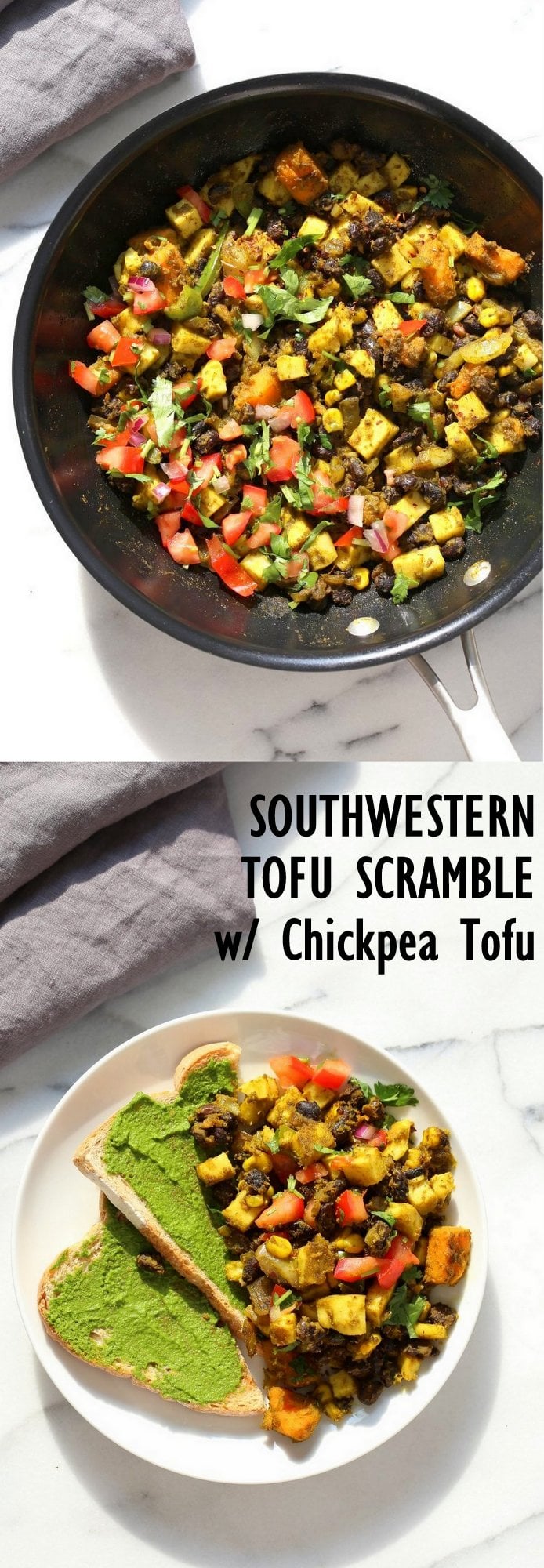 Southwestern Tofu Scramble with Chickpea Tofu. Scrambled Tofu without Soy tofu! Soy-free Breakfast Scramble with Black beans, Veggies, Sweet Potatoes, Spices, Chickpea flour Tofu. Double Protein Savory Vegan Breakfast. Gluten-free Soy-free Nut-free | VeganRicha.com