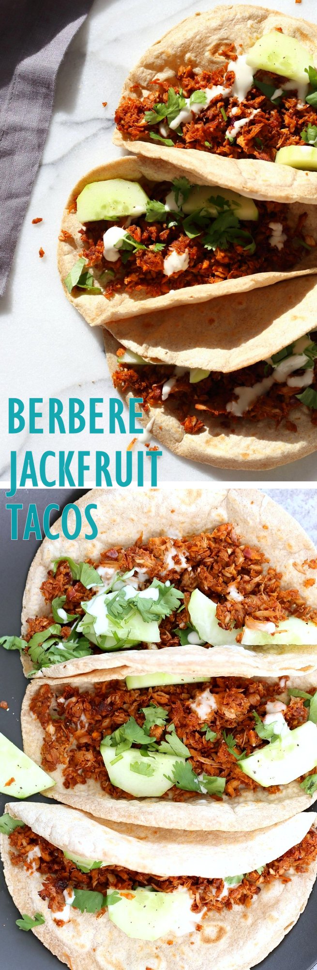 Berbere Spiced Jackfruit Tacos. Jackfruit and onion mixed with Berbere spice blend and baked to caramelized spiced perfection. Add some chickpeas to make into a hearty meal. Vegan Soy-free Nut-free Recipe, Can be Glutenfree | VeganRicha.com