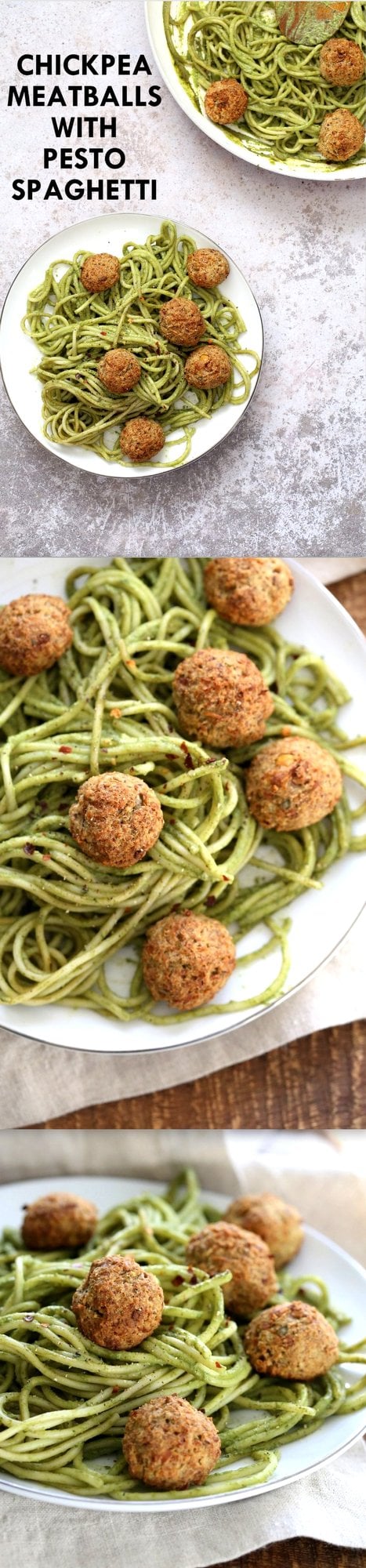 Amazing Pesto Spaghetti with Vegan Meatballs made with Chickpeas. 24 Gm of Protein per Serve. Vegetarian Chickpea Walnut "meatballs" over pesto pasta. Ready in 40 Minutes. Vegan Soyfree Recipe. Can be Glutenfree | VeganRicha.com