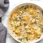 Vegan Cauliflower Gratin - Creamy, Spiced Cauliflower Casserole. No Bake Skillet Gratin or Bake with a garlic breadcrumb topping. Vegan Soy-free Recipe, Can be gluten-free and nut-free. | VeganRicha.com