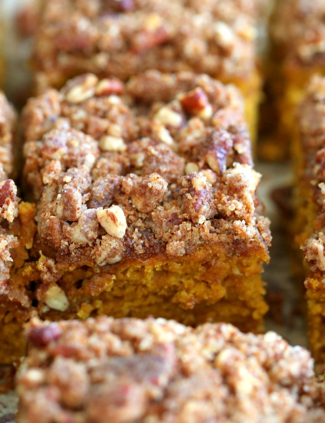 Vegan Pumpkin Coffee Cake with Pecan Crumb. Easy 1 Bowl Pumpkin Cake, topped with Chai Spice Pecan Streusel. Just 15 mins prep. Soft, Spiced, Delicious. Vegan Soy-free Recipe. | VeganRicha.com