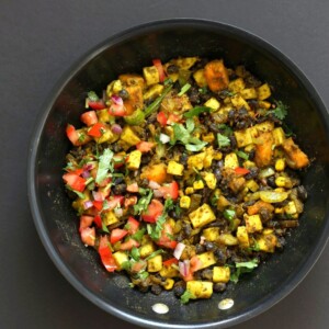 Southwestern Tofu Scramble with Chickpea Tofu. Scrambled Tofu without Soy tofu! Soy-free Breakfast Scramble with Black beans, Veggies, Sweet Potatoes, Spices, Chickpea flour Tofu. Double Protein Savory Vegan Breakfast. Gluten-free Soy-free Nut-free | VeganRicha.com