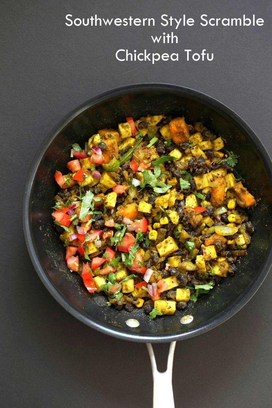Southwestern Tofu Scramble with Chickpea Tofu. Scrambled Tofu without Soy tofu! Soy-free Breakfast Scramble with Black beans, Veggies, Sweet Potatoes, Spices, Chickpea flour Tofu. Double Protein Savory Vegan Breakfast. Gluten-free Soy-free Nut-free | VeganRicha.com