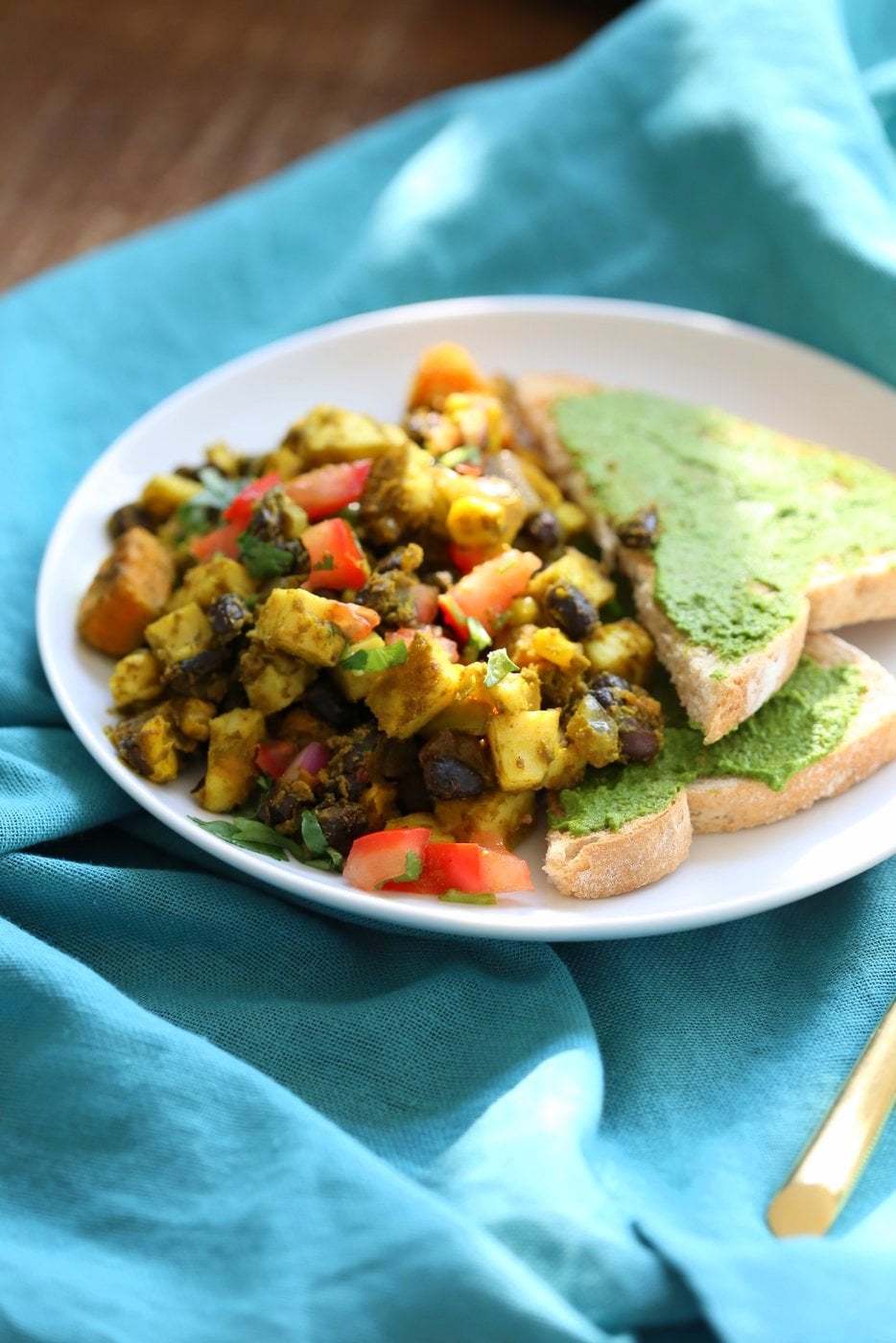 Southwestern Tofu Scramble with Chickpea Tofu. Scrambled Tofu without Soy tofu! Soy-free Breakfast Scramble with Black beans, Veggies, Sweet Potatoes, Spices, Chickpea flour Tofu. Double Protein Savory Vegan Breakfast. Gluten-free Soy-free Nut-free | VeganRicha.com