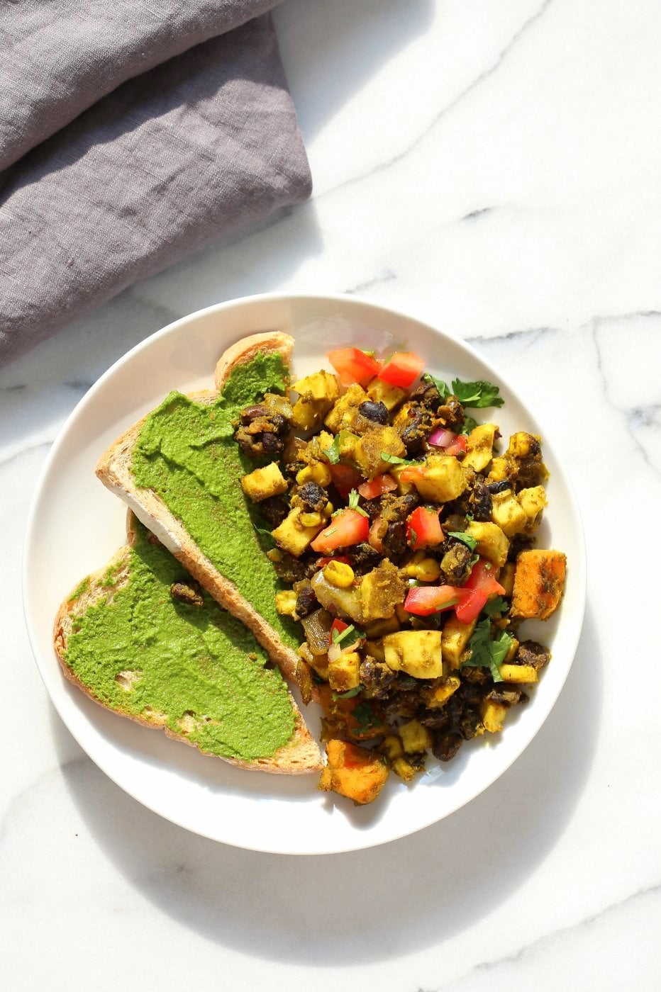 Southwestern Tofu Scramble with Chickpea Tofu. Scrambled Tofu without Soy tofu! Soy-free Breakfast Scramble with Black beans, Veggies, Sweet Potatoes, Spices, Chickpea flour Tofu. Double Protein Savory Vegan Breakfast. Gluten-free Soy-free Nut-free | VeganRicha.com