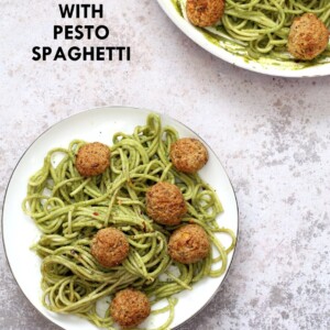 Amazing Pesto Spaghetti with Vegan Meatballs made with Chickpeas. Vegetarian Chickpea Walnut "meatballs" over pesto pasta. Ready in 40 Minutes. Vegan Soyfree Recipe. Can be Glutenfree | VeganRicha.com