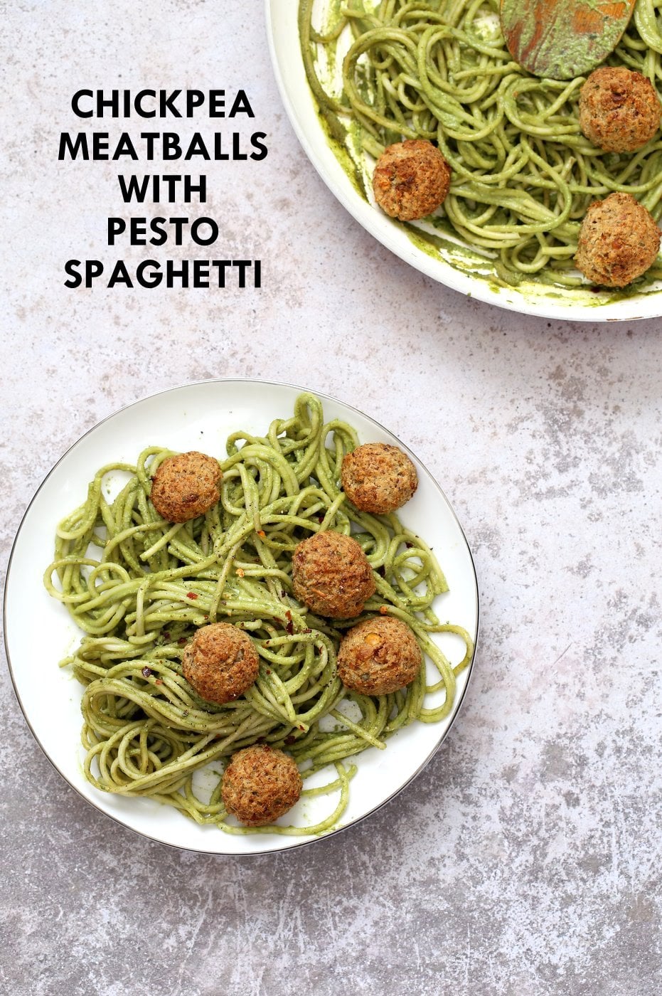 Amazing Pesto Spaghetti with Vegan Meatballs made with Chickpeas. 24 Gm of Protein. Vegetarian Chickpea Walnut "meatballs" over pesto pasta. Ready in 40 Minutes. Vegan Soyfree Recipe. Can be Glutenfree | VeganRicha.com