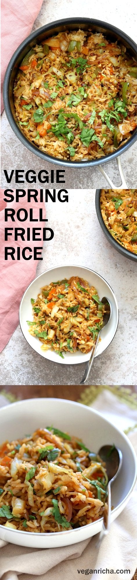 1 Pot, 30 Minute Veggie Spring Rolls Fried Rice! Fridge clean up fried rice with cabbage, carrots, bell pepper, with rice or other cooked grains for a quick weeknight meal. #Vegan #veganricha #Glutenfree #Nutfree #Recipe | VeganRicha.com