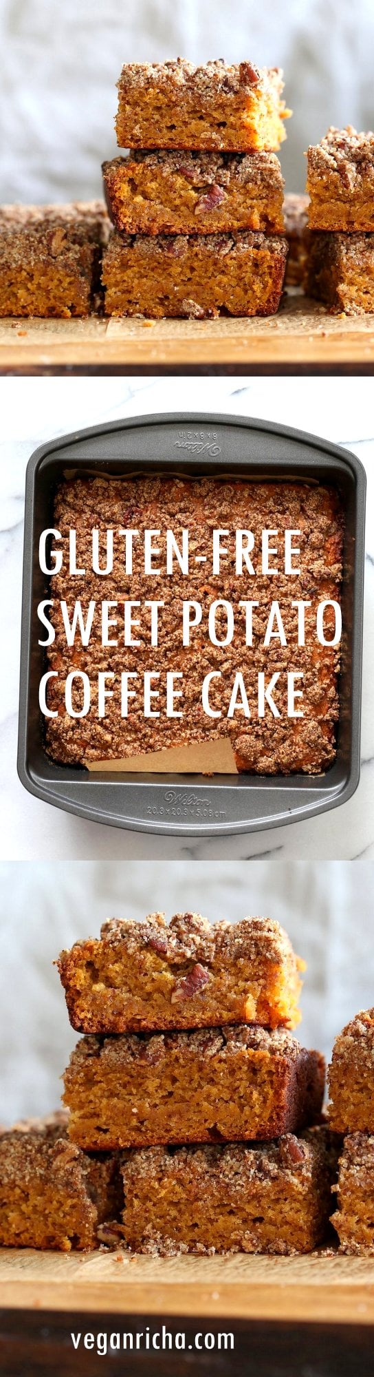 Vegan Gluten free Coffee Cake - Simple Fall Sweet Potato Pecan Crumb Cake with Pumpkin pie spices. Warm Cozy slice of cake. Gluten-free Soy-free Recipe. | VeganRicha.com