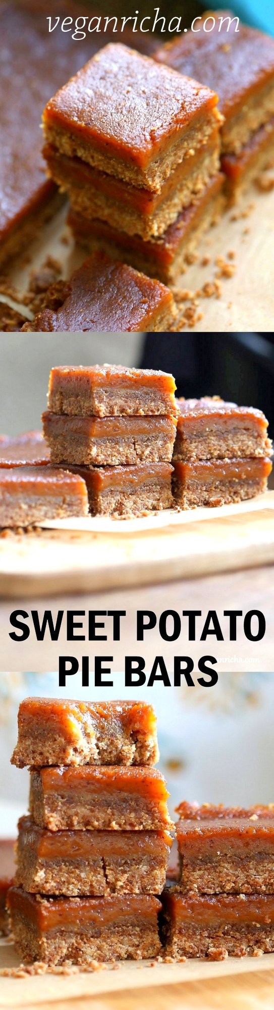 Vegan Sweet Potato Pie Bars. Spiced Sweet Potato Pie layered over cinnamony snickerdoodle crust. Make this into a pie for decadent holiday dessert . GF option | VeganRicha.com