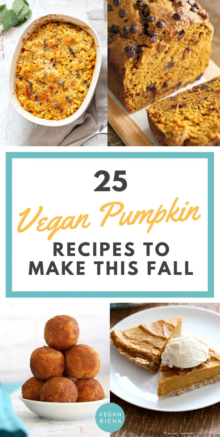 25 Vegan Pumpkin Recipes to Make this Fall. Pumpkin Crumb Cake, Bread, Muffins, Salad, Chili, Pasta, Pumpkin Cinnamon Rolls and More. | VeganRicha.com