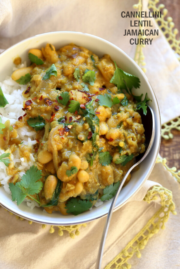 Cannellini and Lentil Jamaican Curry. Ran out of chickpeas to make lentil and chickpea Jamaican curry. Easy Coonut Curry with Jamaican Curry spices and beans and red lentils. #Vegan #Glutenfree #Soyfree #Nutfree #Recipe #veganricha | VeganRicha.com