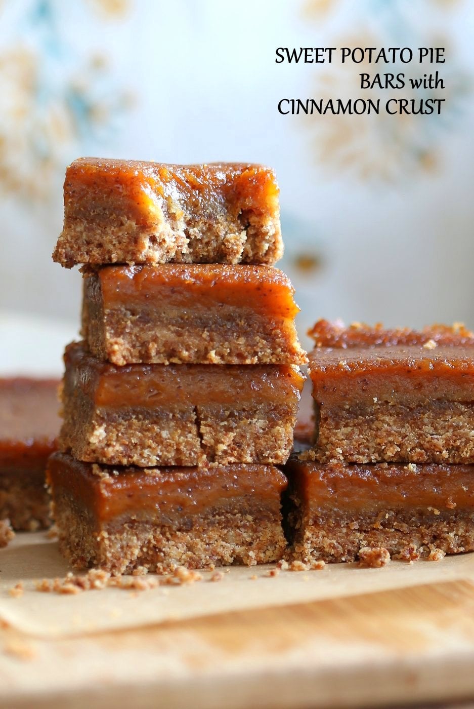 Vegan Sweet Potato Pie Bars. Spiced Sweet Potato Pie layered over cinnamony snickerdoodle crust. Make this into a pie for decadent holiday dessert . GF option | VeganRicha.com