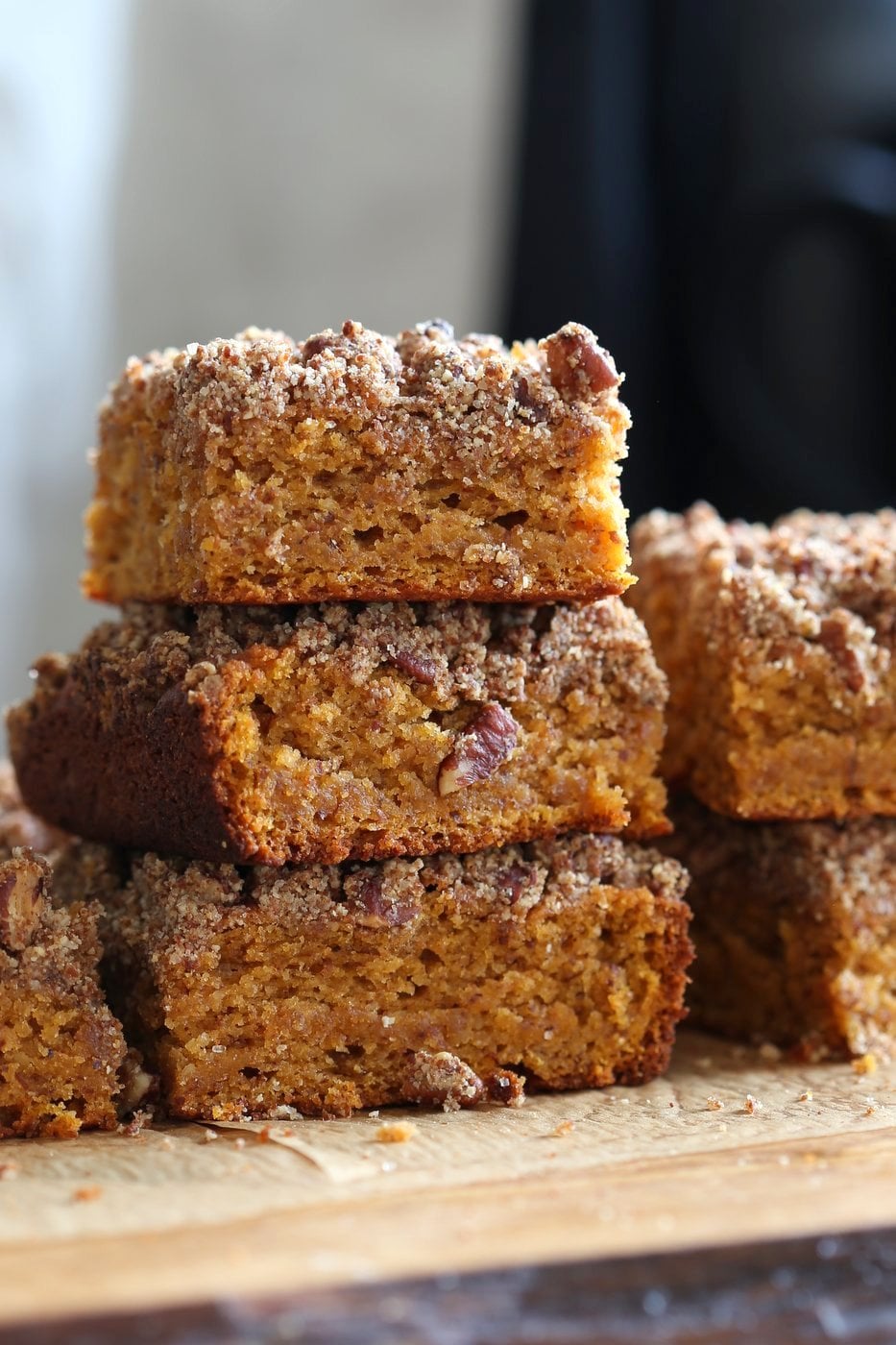 Vegan Gluten free Coffee Cake - Simple Fall Sweet Potato Pecan Crumb Cake with Pumpkin pie spices. Warm Cozy slice of cake. Gluten-free Soy-free Recipe. | VeganRicha.com