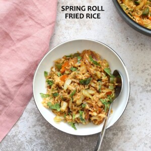 1 Pot, 30 Minute Veggie Spring Rolls Fried Rice! Fridge clean up fried rice with cabbage, carrots, bell pepper, with rice or other cooked grains for a quick weeknight meal. Vegan Gluten-free Nut-free Recipe | VeganRicha.com