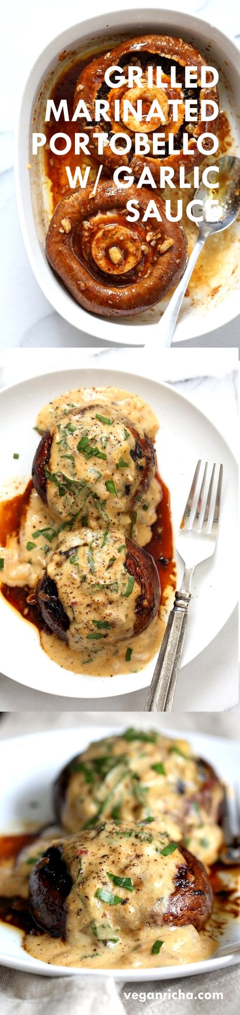 Grilled Portobello Mushrooms with Garlic Sauce. Grilled or Baked Marinated Portabella Mushrooms served with creamy gravy. #Vegan #Glutenfree #Recipe #veganricha | VeganRicha.com