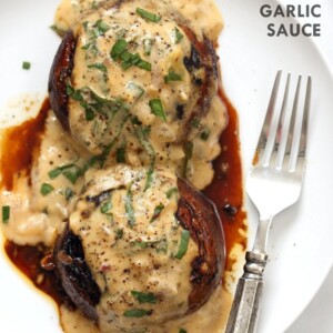 Grilled Portobello Mushrooms with Garlic Sauce. Grilled or Baked Marinated Portabella Mushrooms served with creamy gravy. #Vegan #Glutenfree #Recipe #veganricha | VeganRicha.com