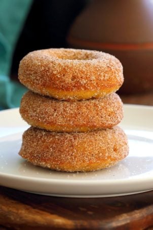 Vegan Pumpkin Donuts with Cinnamon Sugar. Soft, Spiced, Amazing. Vegan Doughnuts. Pumpkin Cinnamon sugar Donuts. Nut-free option. #vegan #veganricha