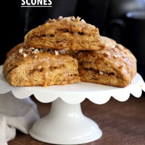 Vegan Pumpkin Scones with Spiced Pumpkin Caramel Glaze Oil-free. These Easy Scones use coconut cream instead of oil and make for a great breakfast with the pumpkin glaze. #Vegan #Recipe #veganricha | VeganRicha.com