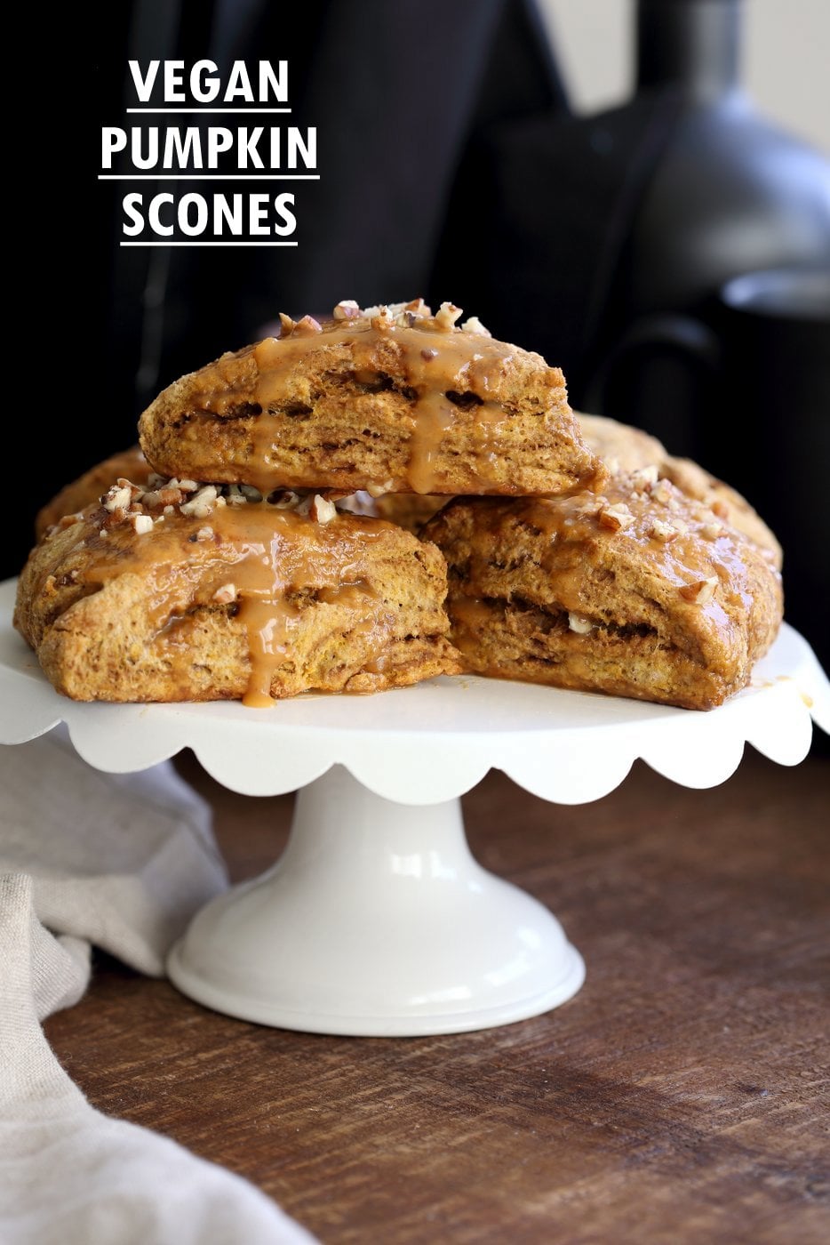 Vegan Pumpkin Scones with Spiced Pumpkin Caramel Glaze Oil-free. These Easy Scones use coconut cream instead of oil and make for a great breakfast with the pumpkin glaze. #Vegan #Recipe #veganricha | VeganRicha.com