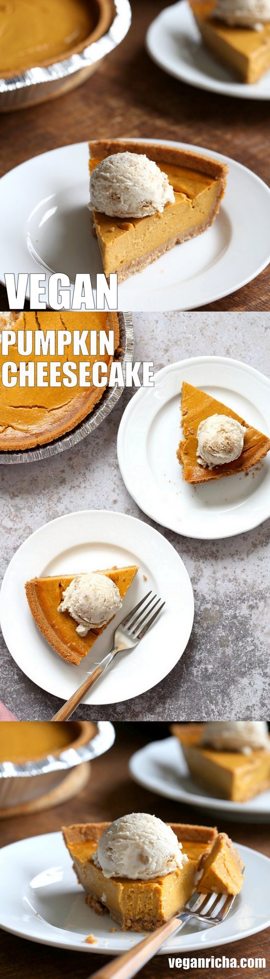Vegan Pumpkin Cheesecake with graham cracker style crust. Easy Creamy Pumpkin Cheesecake to please everyone. Gluten-free with gluten free crust.#Soyfree #Recipe #vegan #pumpkinheesecake #veganricha | VeganRicha.com