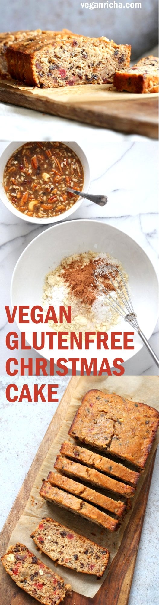 Vegan Gluten free Christmas Cake Fruit Cake full of nuts, dried fruits, candied ginger. Soft, Flavorful and great for gifting. Vegan Soyfree Recipe. #veganricha #vegan #glutenfree | VeganRicha.com