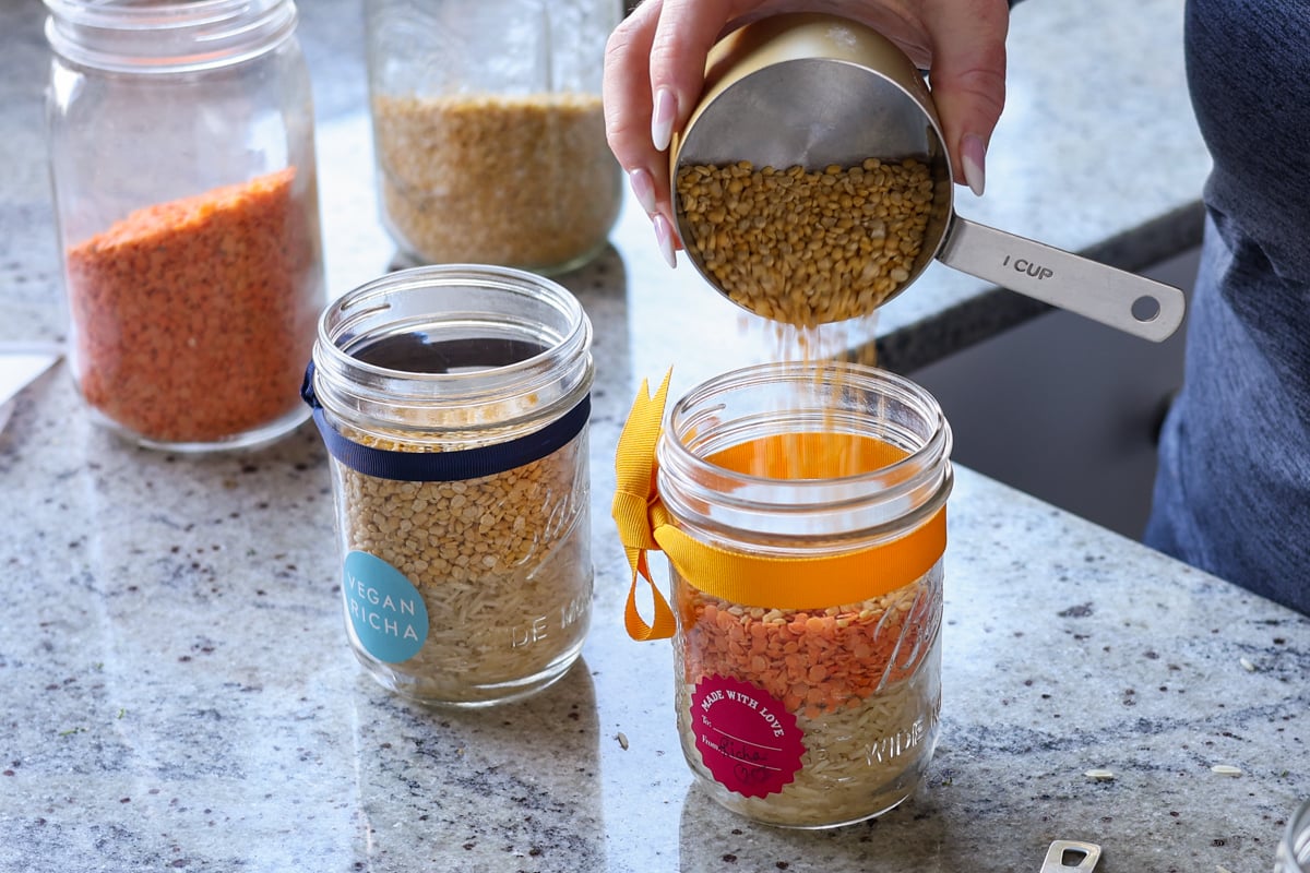 adding lentils to the jar