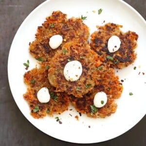 Easy Vegan Latkes. Potato & Sweet Potato Latkes. Panfried crispy latke fritters for Hannukah. #Vegan #Glutenfree #soyfree #Nutfree #Recipe. #VeganRicha | VeganRicha.com