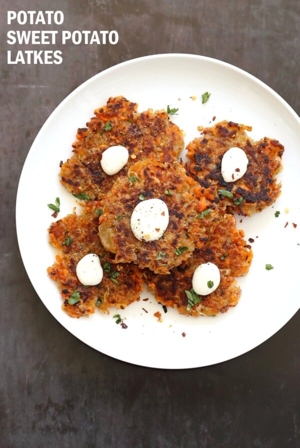 Easy Vegan Latkes. Potato & Sweet Potato Latkes. Panfried crispy latke fritters for Hannukah. #Vegan #Glutenfree #soyfree #Nutfree #Recipe.ย #VeganRicha | VeganRicha.com
