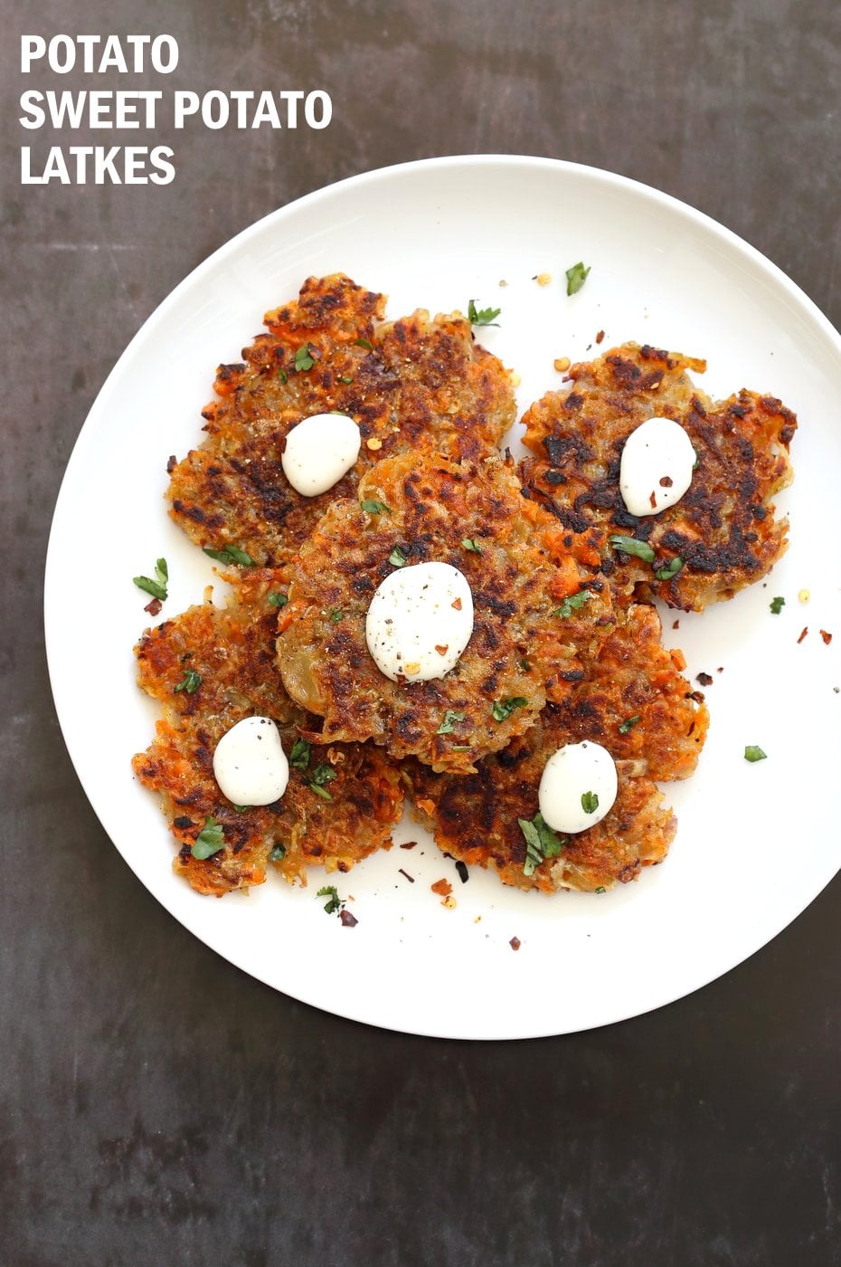 Easy Vegan Latkes. Potato & Sweet Potato Latkes. Panfried crispy latke fritters for Hanukkah. #Vegan #Glutenfree #soyfree #Nutfree #Recipe. #VeganRicha | VeganRicha.com