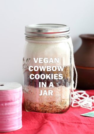 Vegan Cowboy Cookies Mix makes great Jar gifts for the Holiday Season. Layer oats, flour, coconut, chocolate sugar and pecans. Mix, add applesauce and oil, and bake. #veganricha #Vegan #Recipe Can be #glutenfree. | VeganRicha.com