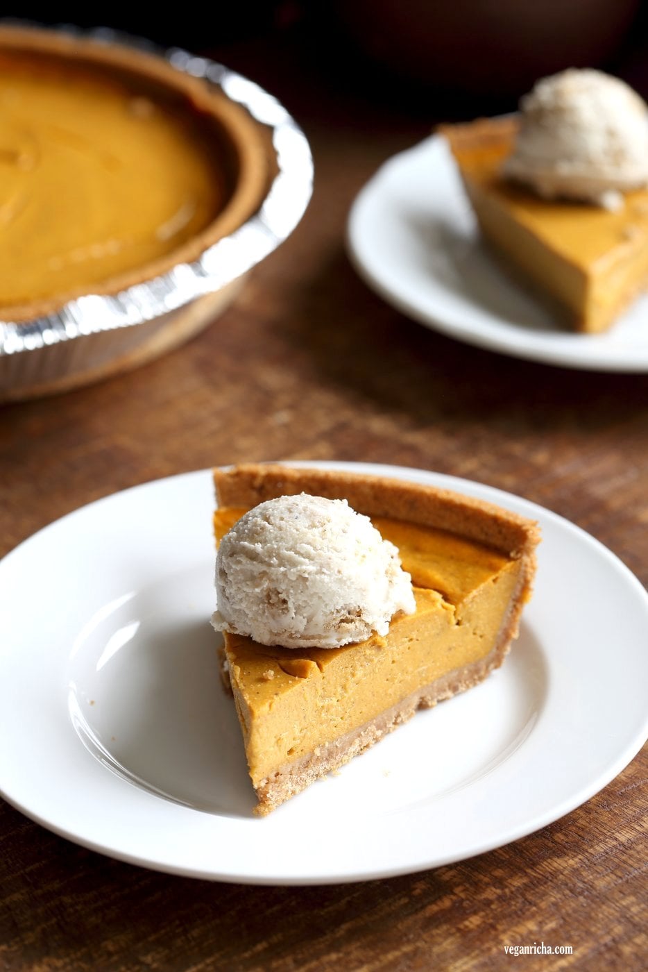 Vegan Pumpkin Cheesecake with graham cracker style crust. Easy Creamy Pumpkin Cheesecake to please everyone. Gluten-free with gluten free crust.#Soyfree #Recipe #vegan #pumpkinheesecake #veganricha | VeganRicha.com