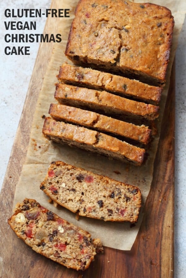 Vegan Gluten free Christmas Cake Fruit Cake full of nuts, dried fruits, candied ginger. Soft, Flavorful and great for gifting. Vegan Soyfree Recipe.ย #veganricha #vegan #glutenfree | VeganRicha.com