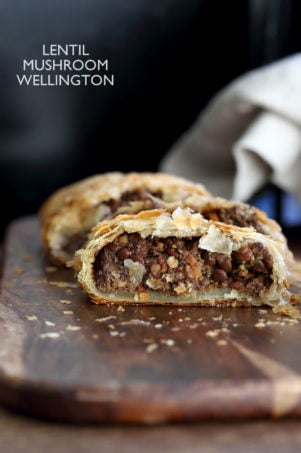 Mushroom lentil Wellington. Easy Vegan Wellington for the Holidays and potlucks. Puff pastry wrapped lentil walnut mushroom loaf.ย Vegan Recipe. Make into a loaf to make gluten-free.ย #vegan #veganricha