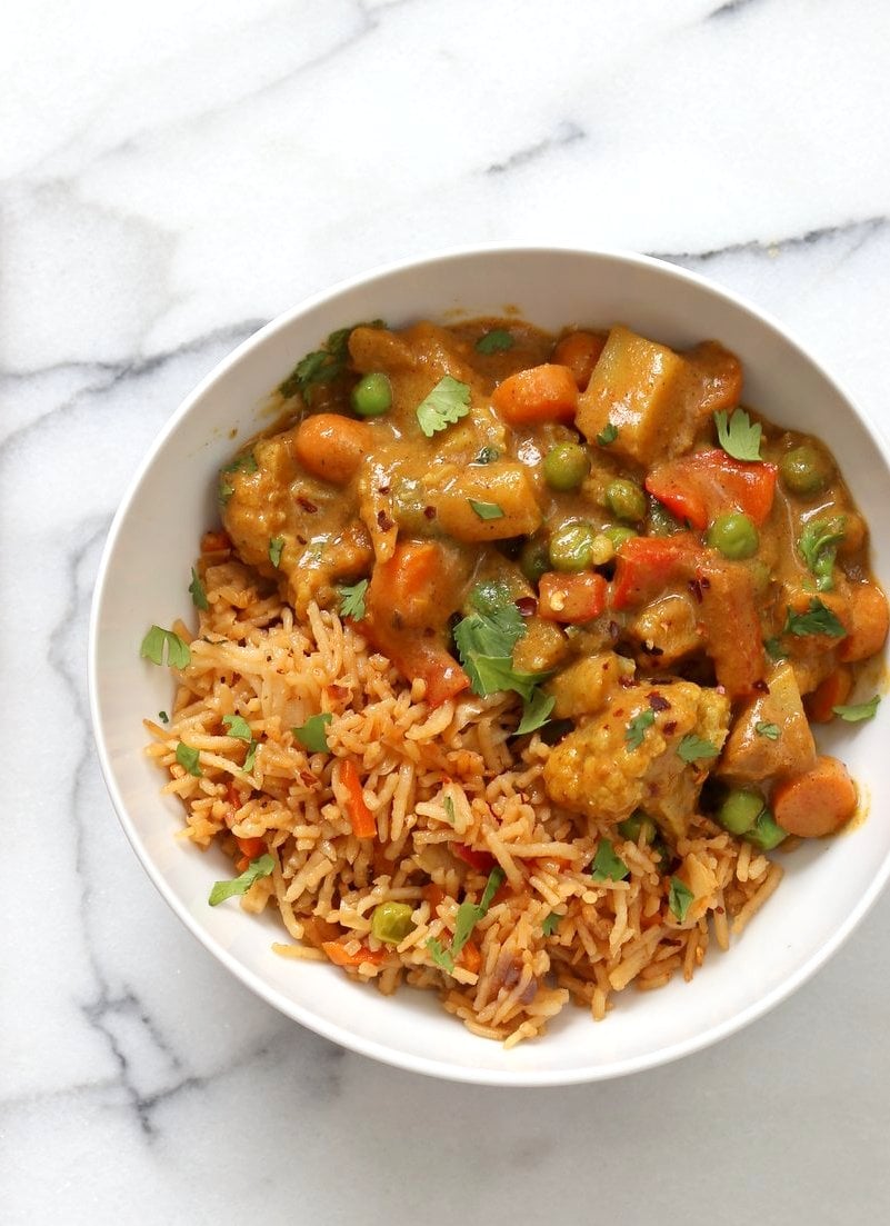 Vegetable Korma - Veggies in Spiced Ginger Chile Sauce. Creamy Indian Korma Recipe made without Onion and garlic. Vegan Indian Gluten-free Soy-free Can be made nut-free. No Onion No Garlic Recipe. #vegan #veganricha