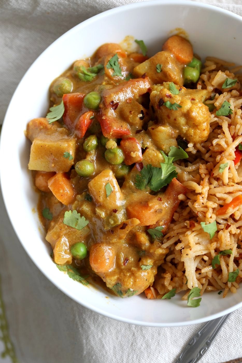 Vegetable Korma - Veggies in Spiced Ginger Chile Sauce. Creamy Indian Korma Recipe made without Onion and garlic. Vegan Indian Gluten-free Soy-free Can be made nut-free. No Onion No Garlic Recipe. #vegan #veganricha